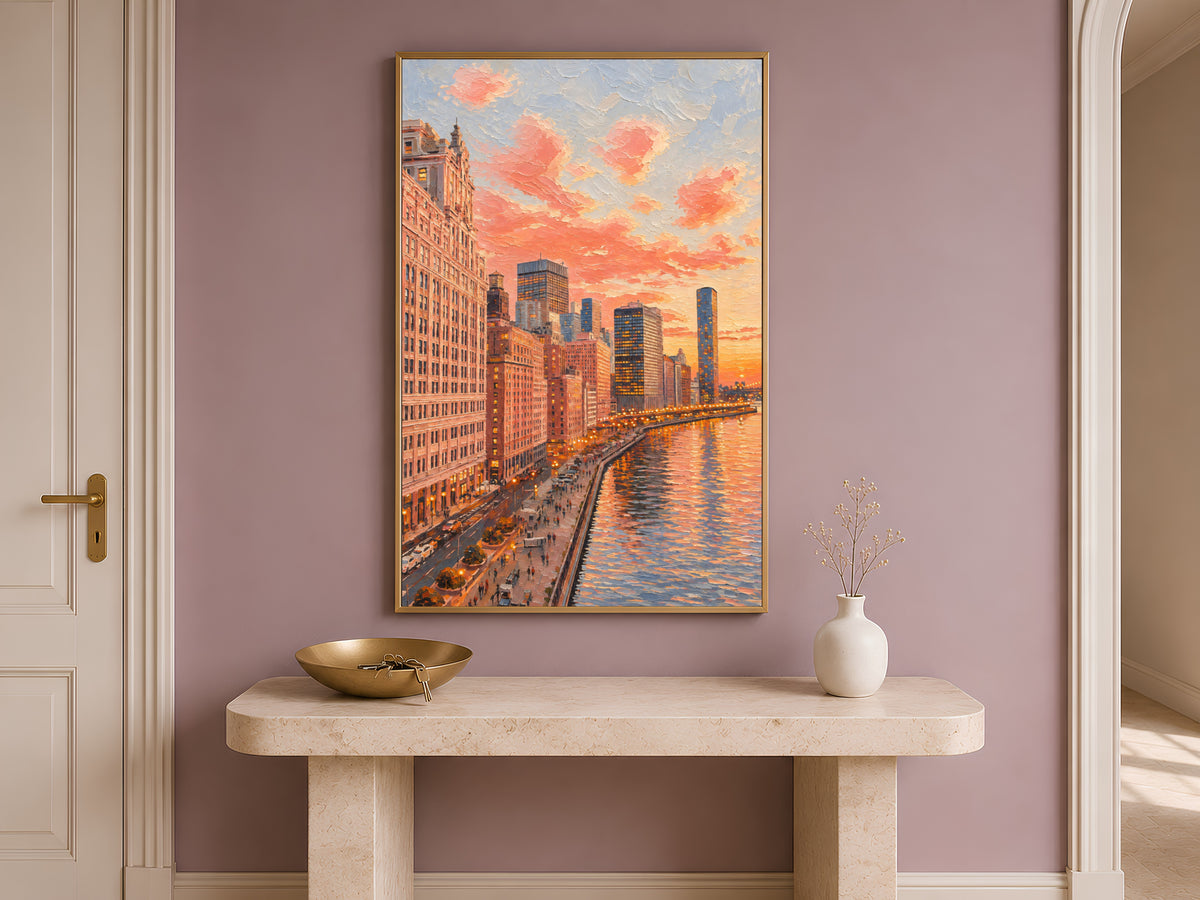 City skyline sunset wall art above a mauve entryway console table