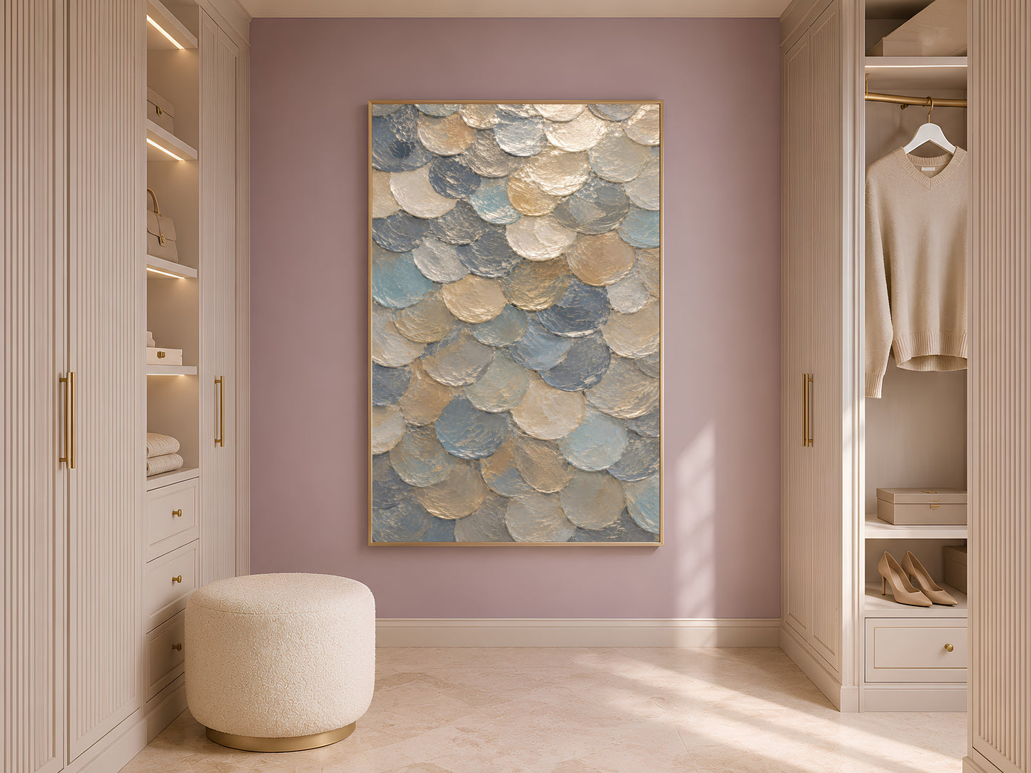 Framed capiz shell mosaic wall art in a neutral walk-in closet with an upholstered ottoman