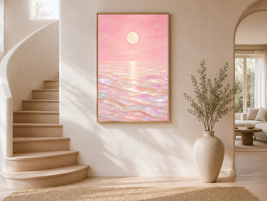 Pink capiz shell ocean wall art framed on curved staircase wall with vase