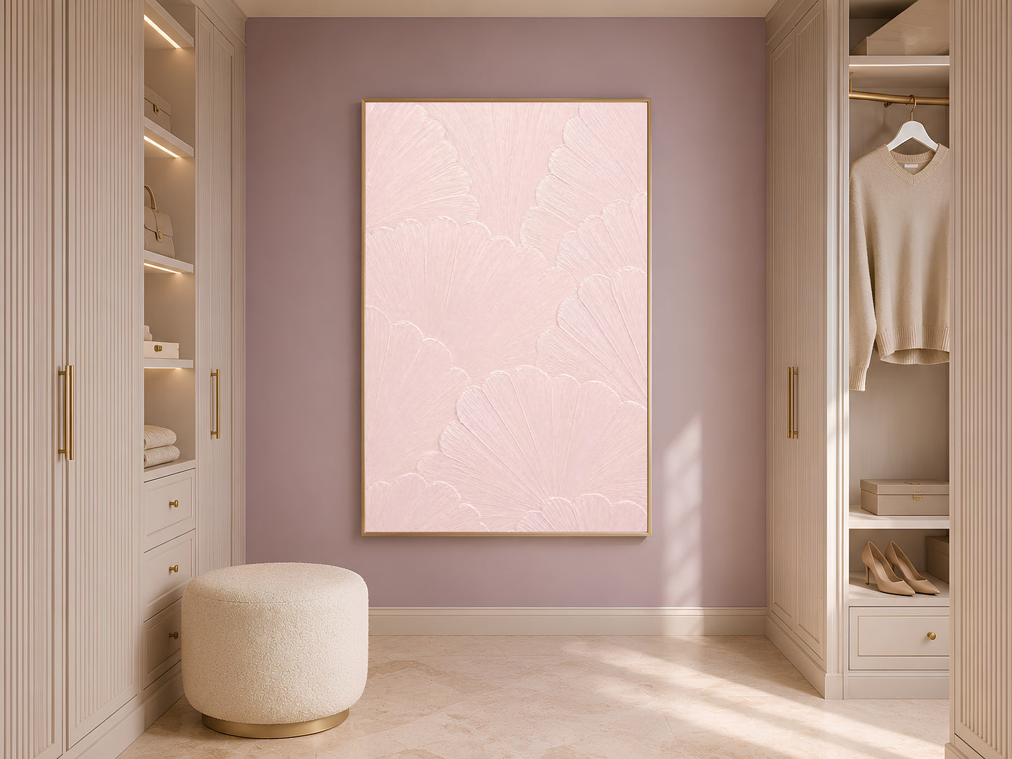 Ballet pink mosaic print in a warm neutral bedroom nook with soft ambient lighting
