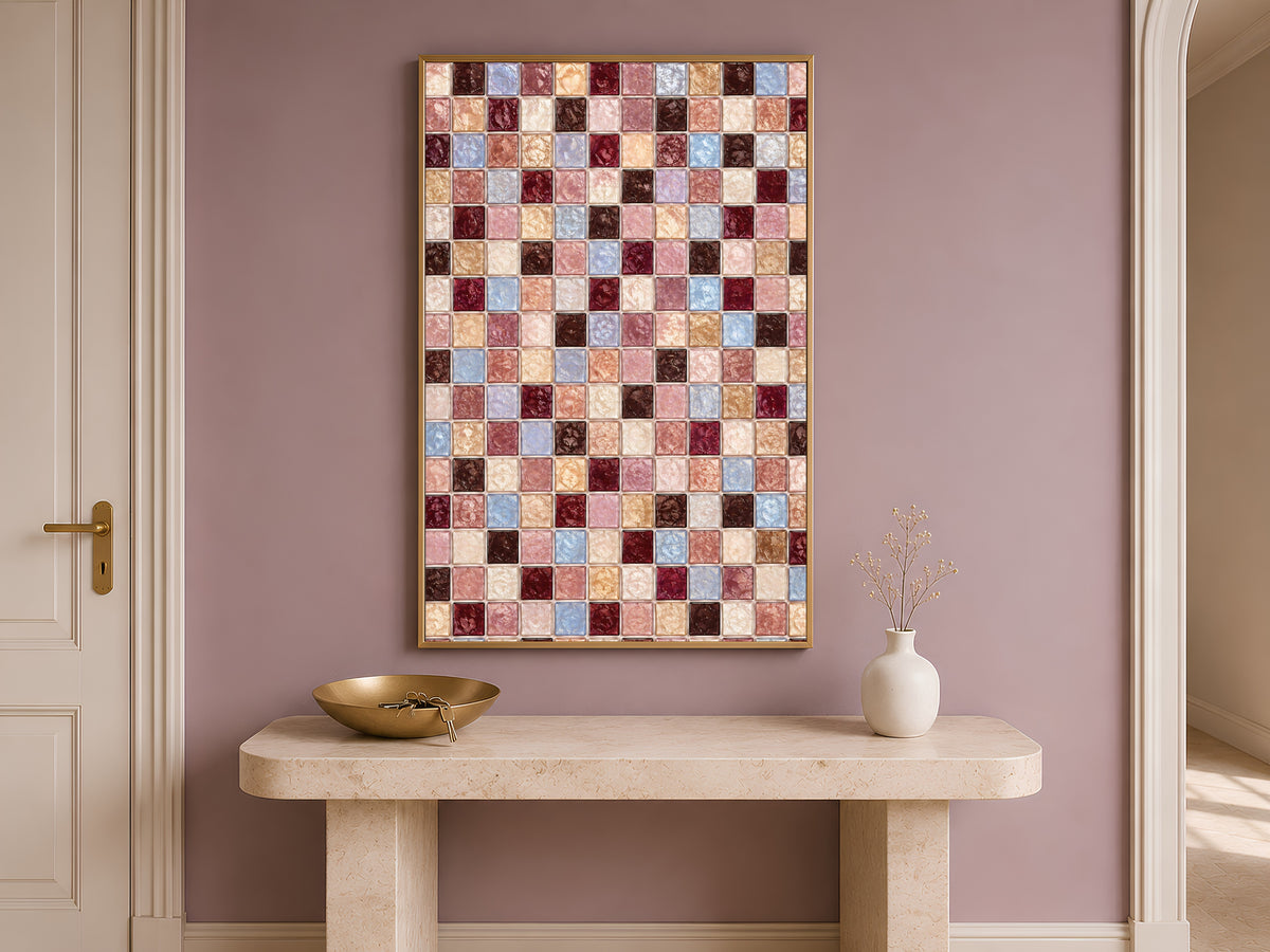 Burgundy mauve mosaic wall art framed above a console table near a mauve-walled doorway