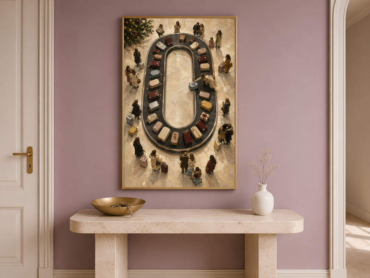 Luggage carousel painting framed above entryway console table with vase