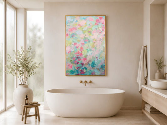 Pastel floral impasto wall art framed above bathtub in sunlit bathroom with window