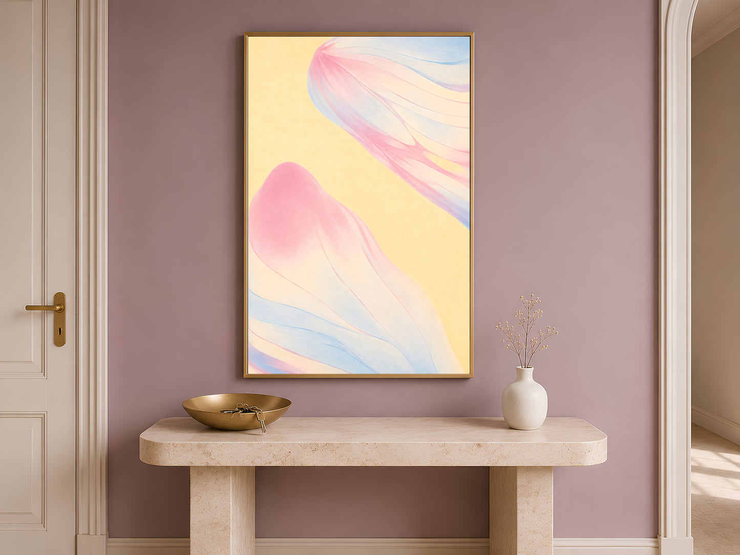 Pastel gradient wall art above console table video preview, mauve entryway decor mockup