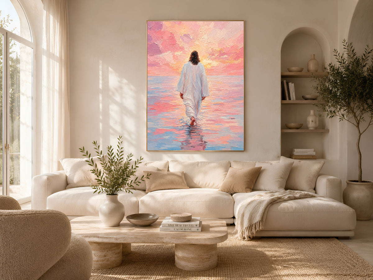 Jesus walking on water wall art above a neutral boucle living room sofa