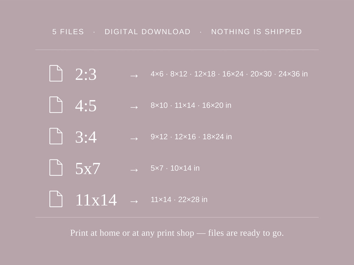Graphic listing included file sizes and print dimensions for instant download