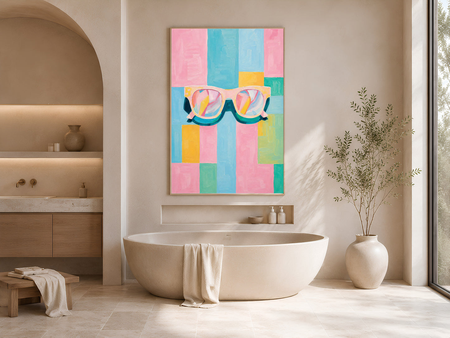 Framed impasto retro sunglasses print on warm beige wall in minimal bathroom with oval freestanding tub and open shelving