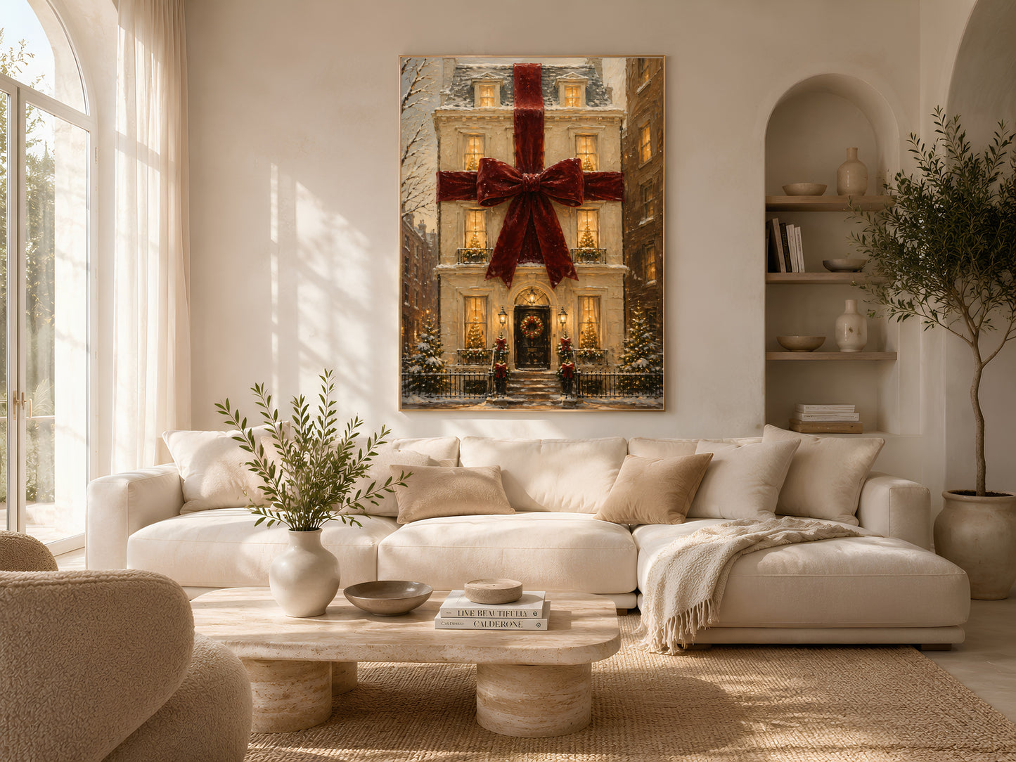 Living room with the Christmas house print above a low sofa and coffee table, styled with dried flowers