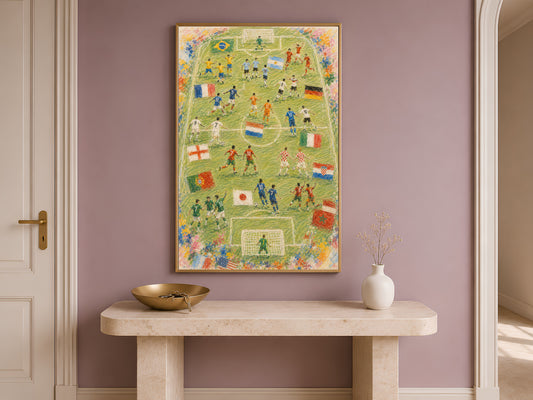 Framed soccer World Cup painting print above console table, impasto style football wall art