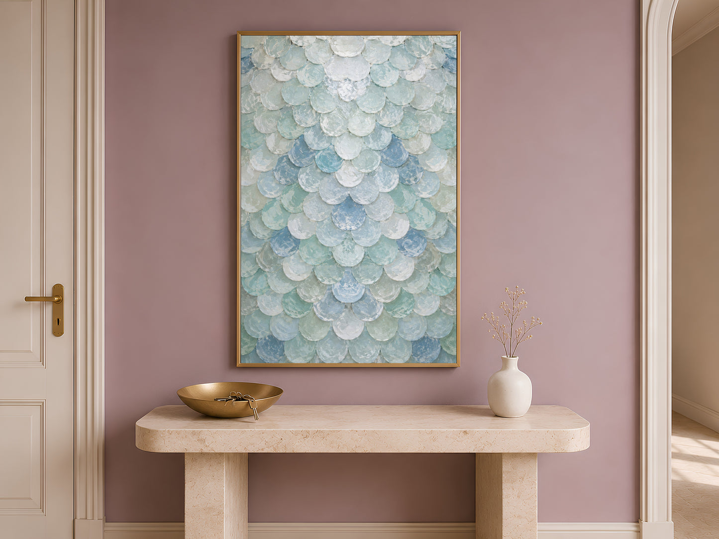 Seafoam capiz shell print on entryway console table with pampas grass