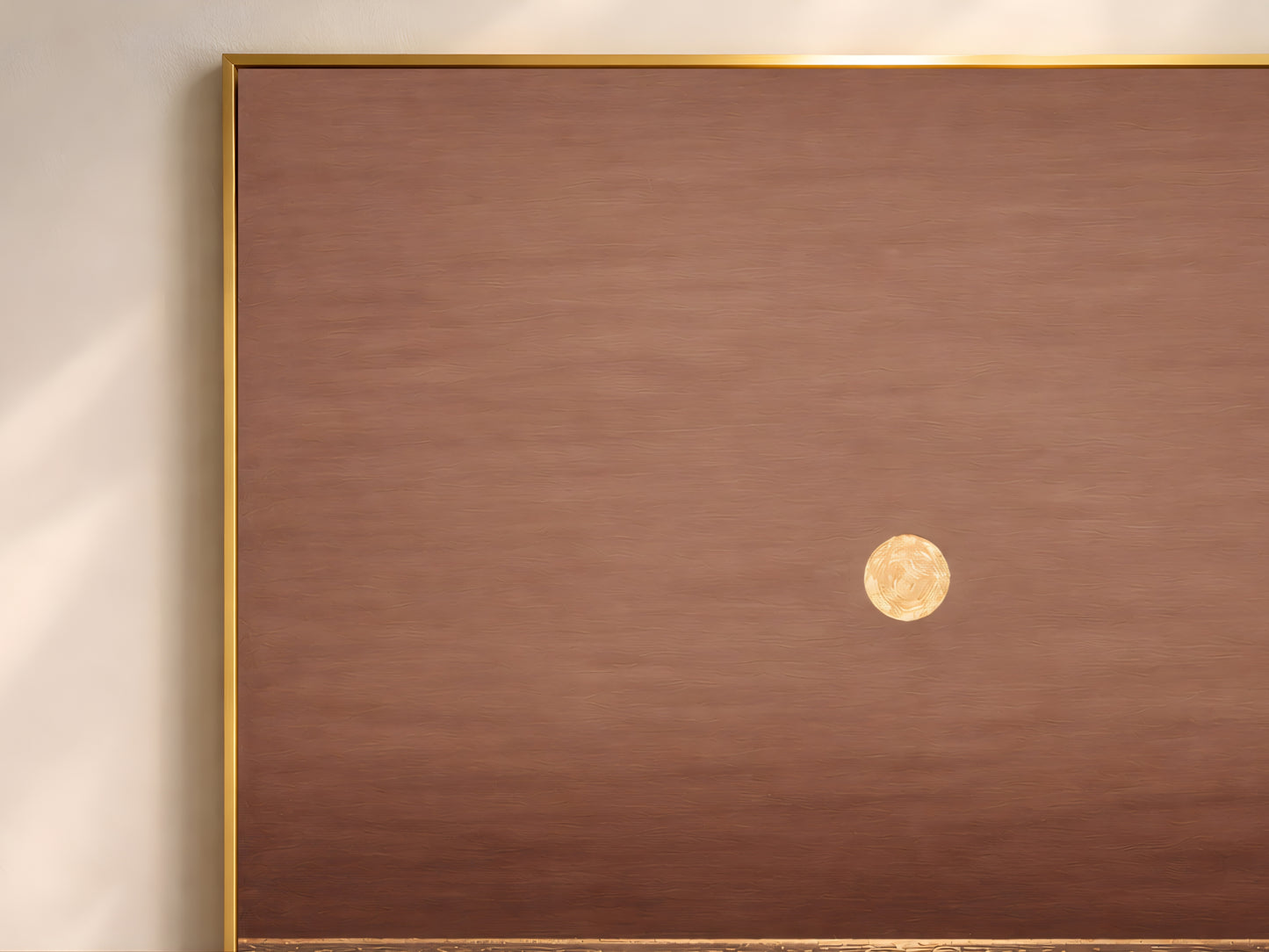 Golden moon ocean wall art in gold frame, brown and gold impasto seascape closeup