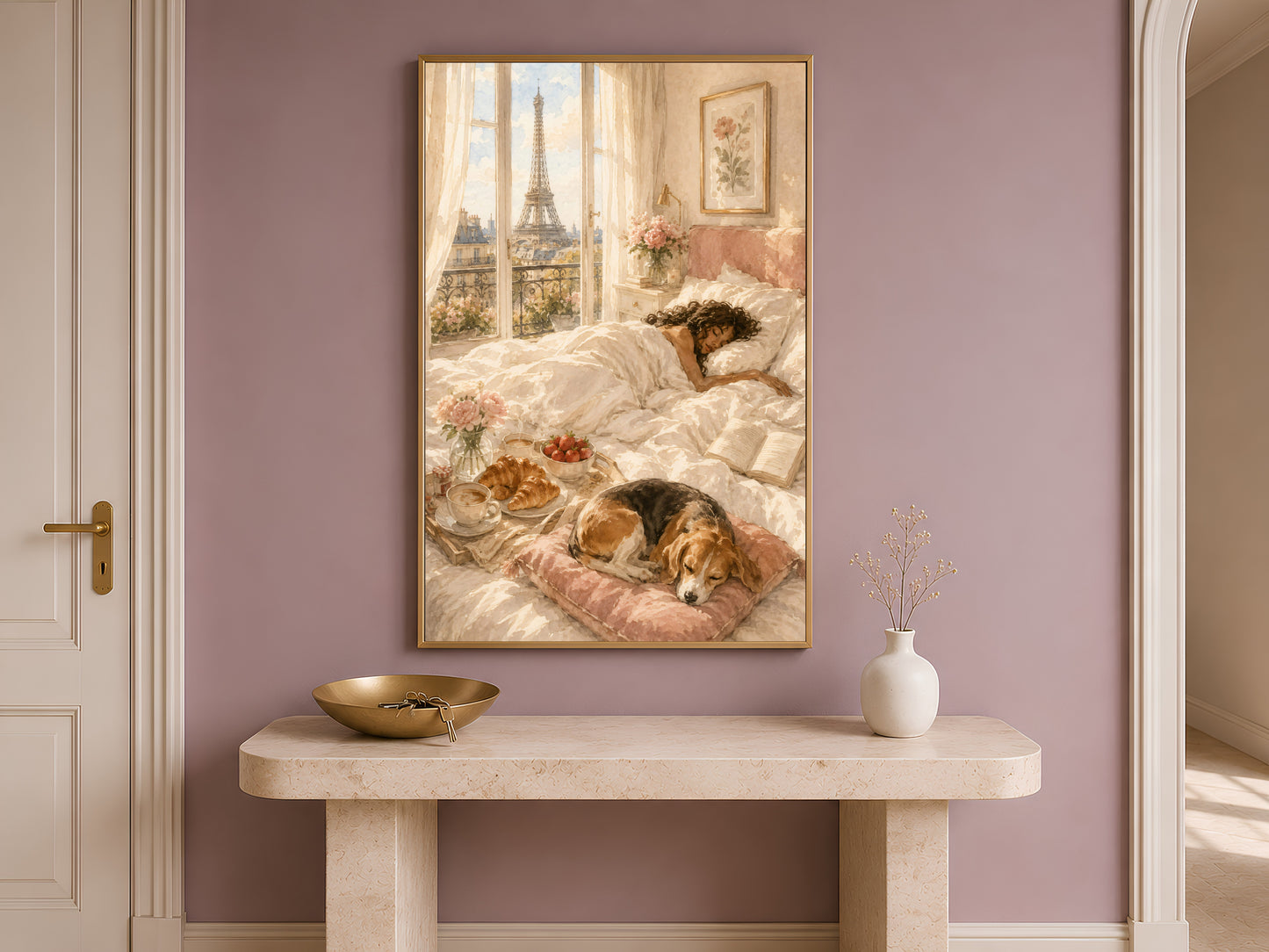 Framed romantic Paris illustration print hung above a wooden console table in an entryway