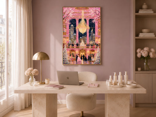 Pink ballroom chandelier gala wall art in gold frame in warm home office above white desk with lamp and candles