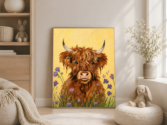 Framed impasto baby highland cow print on warm white wall in bright boho nursery with plush rabbit and woven baskets