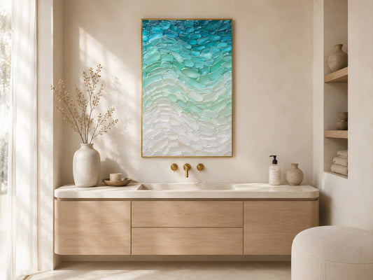 Teal sea glass gradient print in gold frame above oak bathroom vanity in bright coastal bathroom