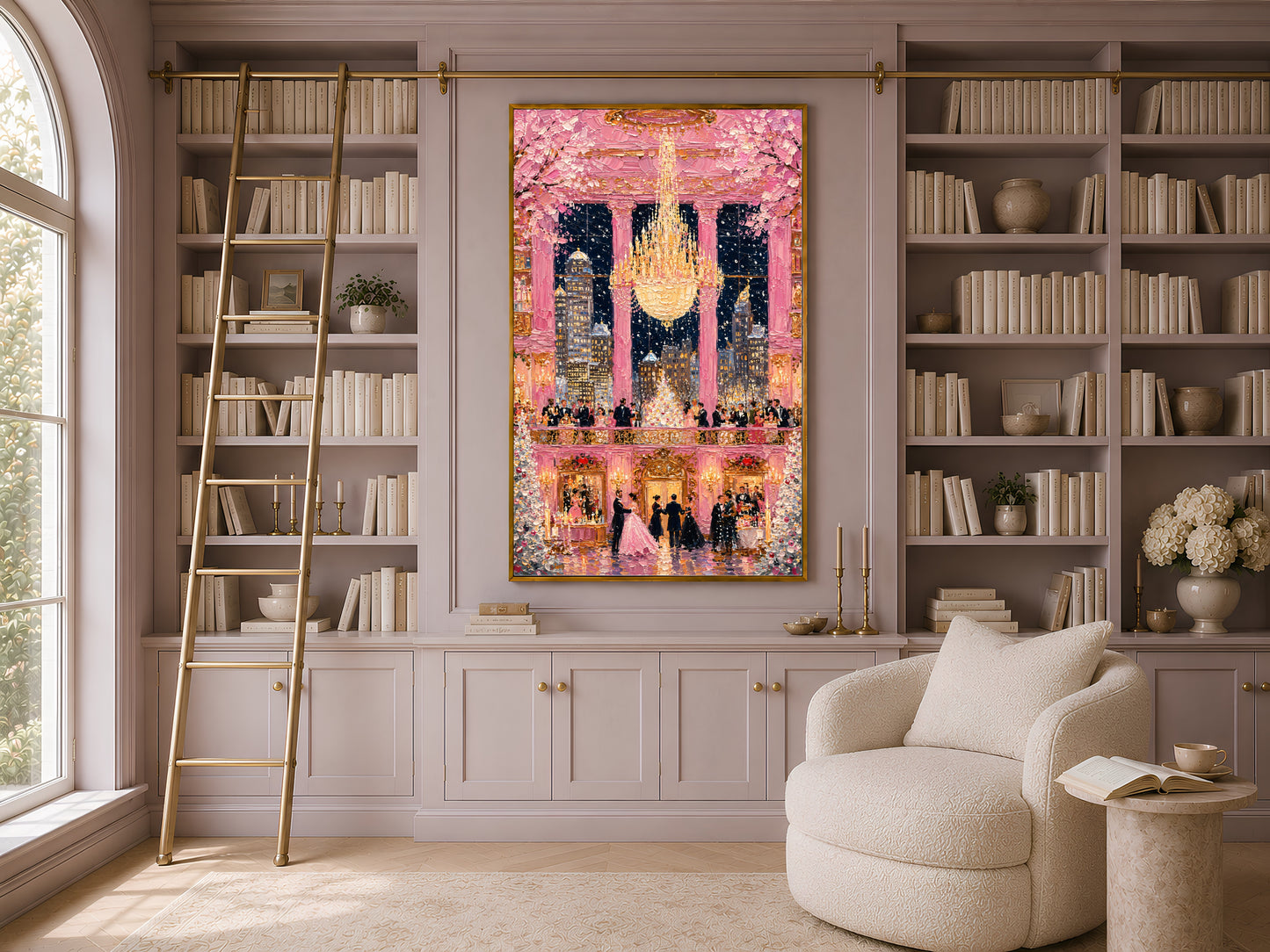Pink ballroom chandelier gala print in gold frame in elegant home library with built-in shelving and armchair