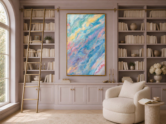 Pastel teal pink abstract swirl wall art in gold frame in elegant home library with built-in shelving and armchair