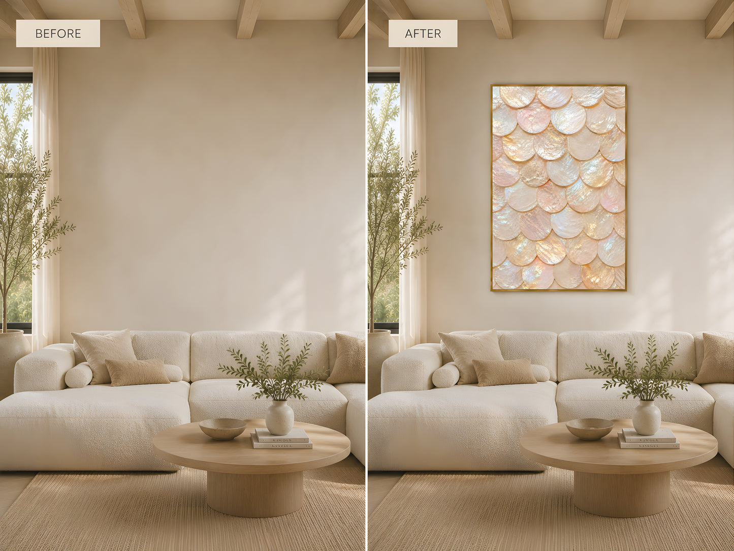 Capiz shell honeycomb wall art size comparison showing small and large print in bright coastal living room
