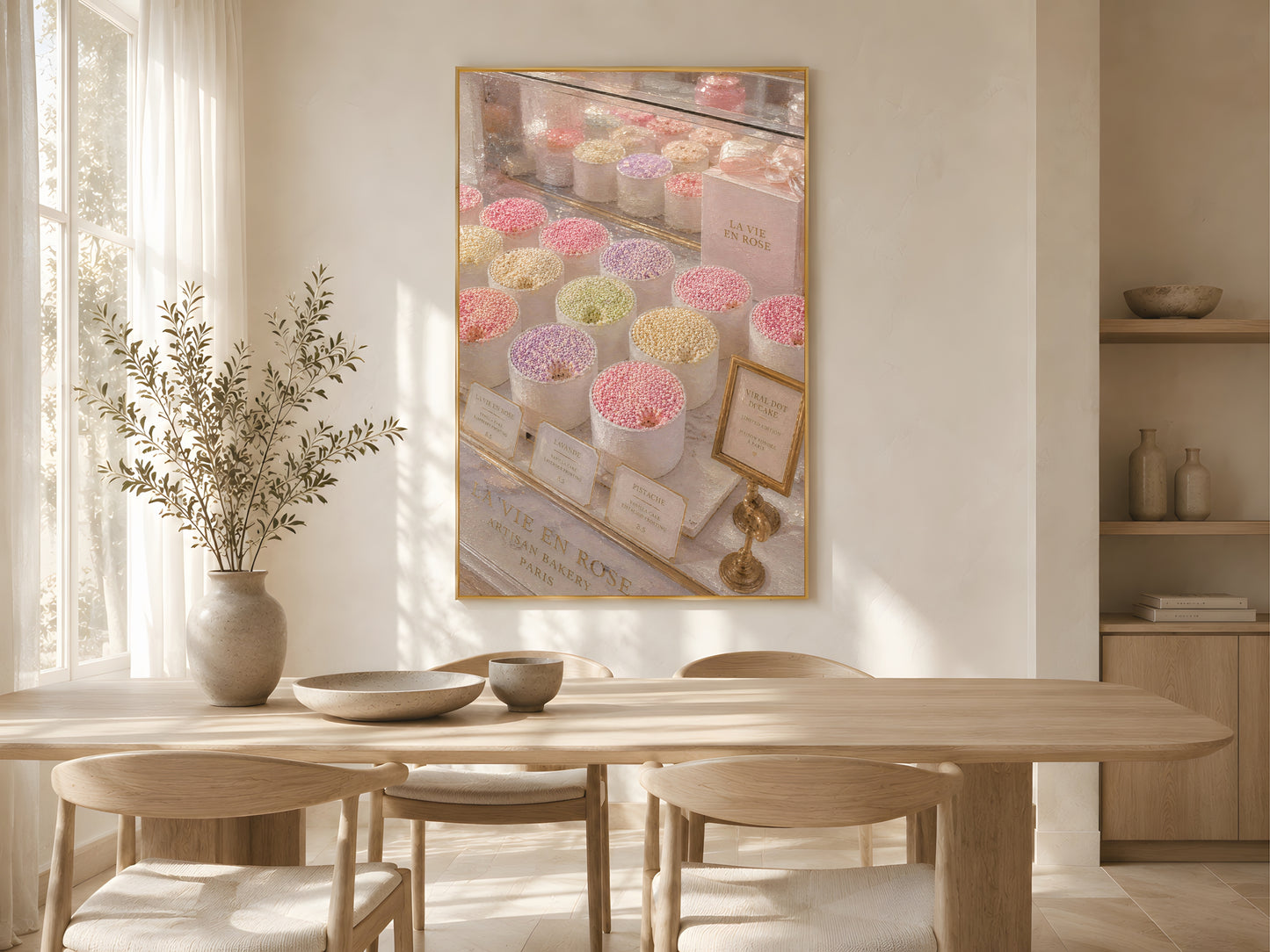 Paris bakery dot cake wall art print in a gold frame above a light oak dining table in a warm Scandinavian dining room with dried stems and soft natural light