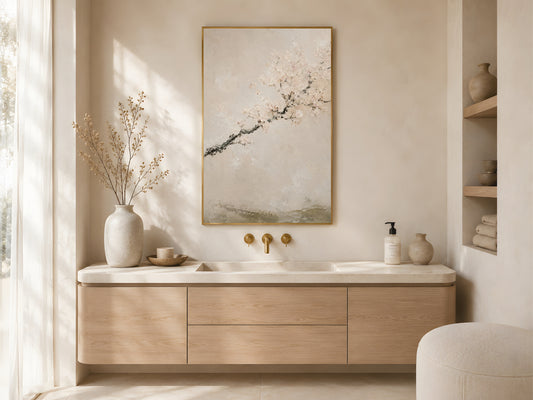 Japandi cherry blossom wall art print in a gold frame above a wooden bathroom vanity in a warm neutral minimal bathroom with natural light
