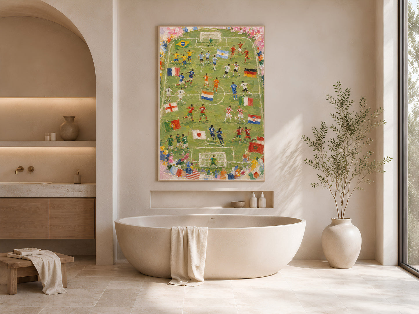World Cup 2026 wall art in a wood frame displayed in a serene minimalist bathroom with arched alcoves, a freestanding bathtub, and warm neutral tones