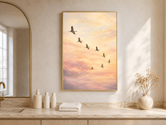 Flying Cranes Wall Art, Sunset Sky Print, Ethereal Pastel Bedroom Decor - Digital Download