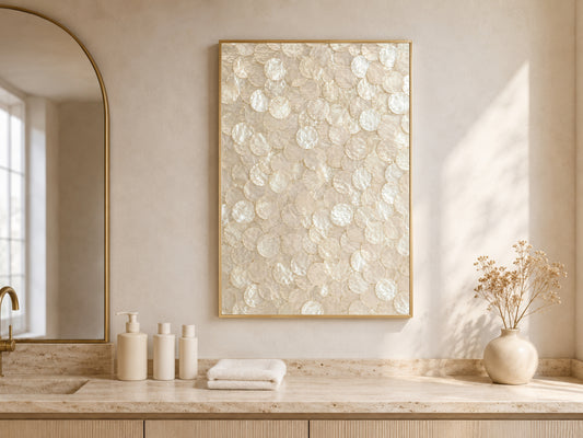 Capiz shell wall art print above a bathroom vanity