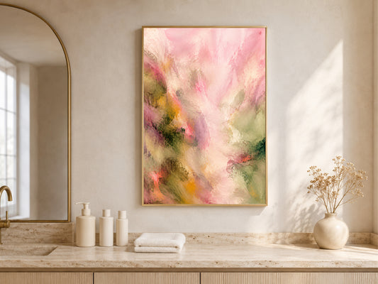 Pink Green Abstract Wall Art, Impressionist Floral Print - Digital Download