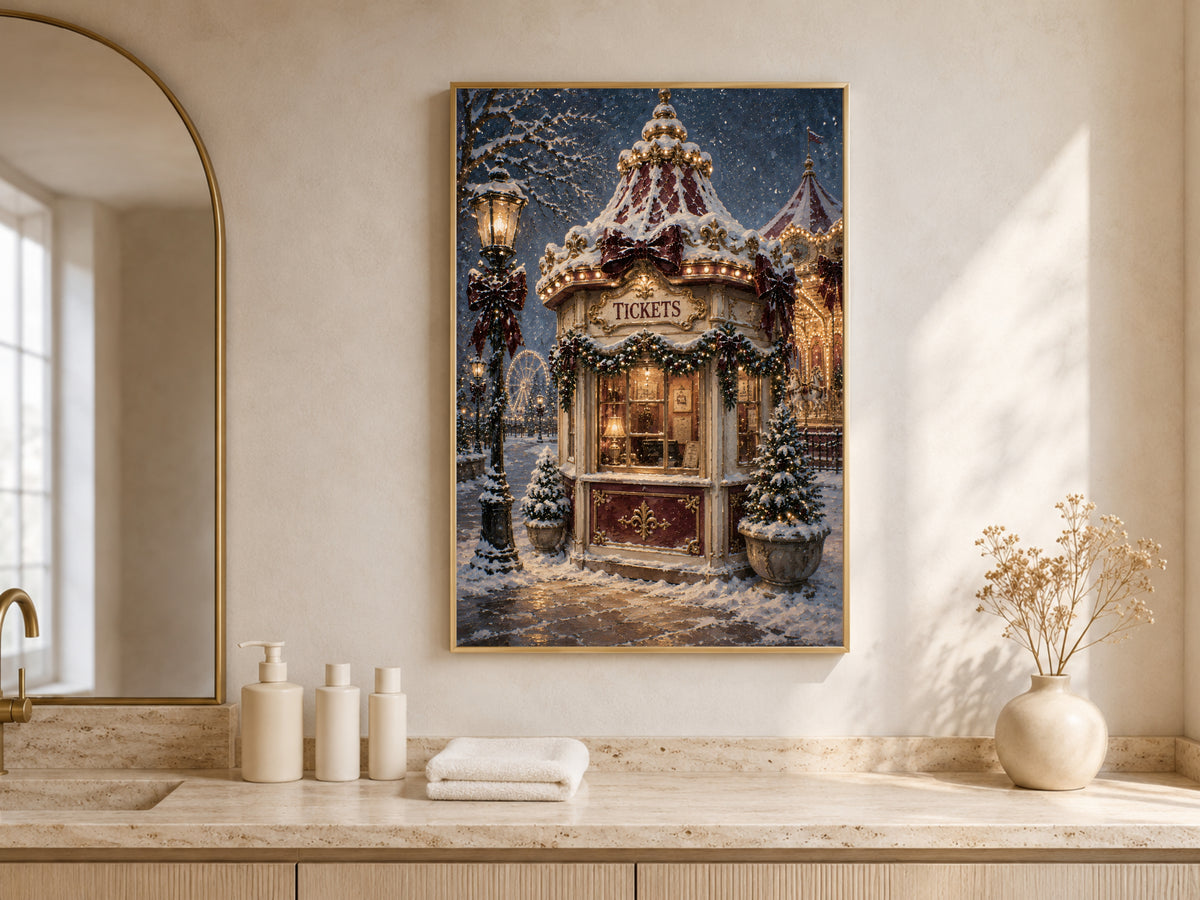 Vintage Christmas carnival print framed above a bathroom vanity beneath an arched mirror