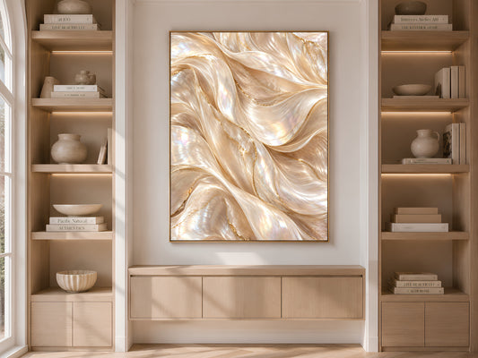 Pearl Abstract Wall Art, Champagne Gold Wave Print, Neutral Iridescent Swirl, Cream Living Room Decor, Above Sofa Poster, Instant Download