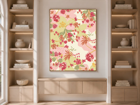 Pink and Green Floral Wall Art, Vintage Botanical Pattern Print, Grandmillennial Chinoiserie Style Flowers, Printable Digital Download