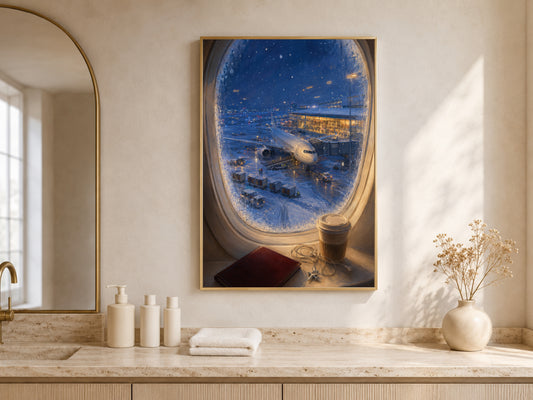 Airplane window painting framed above bathroom counter styled with candles