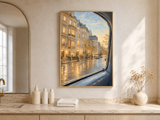 NYC Brownstone Street Print, Rainy City Wall Art - Digital Download