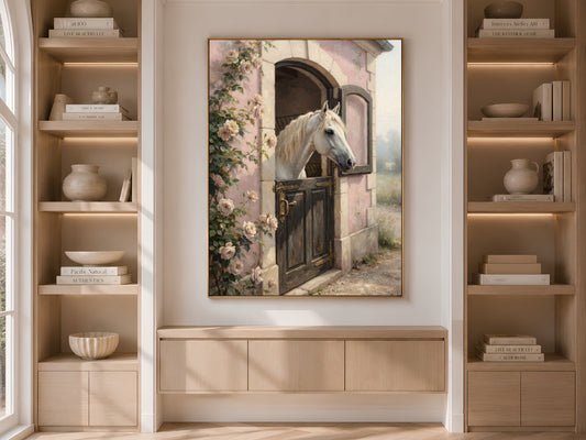 White Horse Wall Art, Cottagecore Stable Door Oil Painting Print - Digital Download