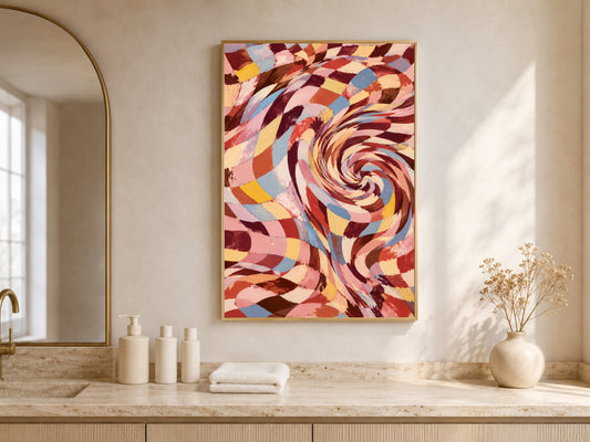 Checkered Swirl Wall Art, Groovy Retro Vortex Print - Digital Download