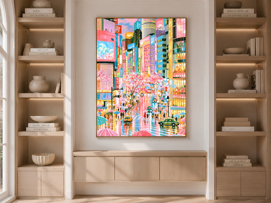 Tokyo Rain Cherry Blossom Wall Art, Pastel Shibuya Street Painting, Pink Japan City Print, Printable Digital Download