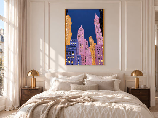 Pink City Skyline Wall Art Print, New York Inspired Art Deco Skyscrapers at Night, Pastel Pink and Navy Printable Decor, Digital Download