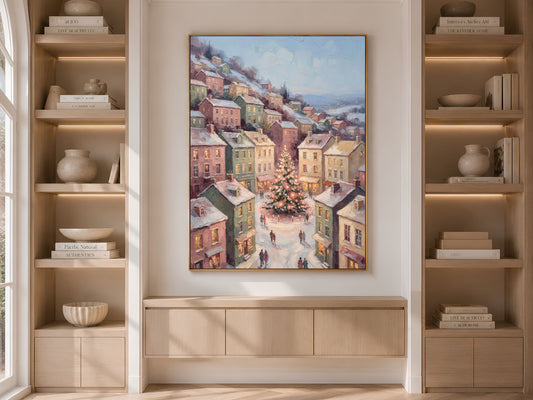 Scandinavian Christmas Wall Art, Pastel Town Square Print - Digital Download