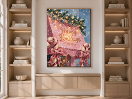 Pink Christmas Wall Art, Vintage Happy Holidays Sign Print - Digital Download