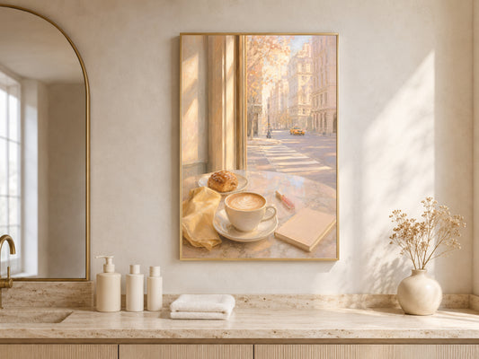 Cafe Window Wall Art, Light Academia Print, Pastel Morning Coffee Painting - Digital Download