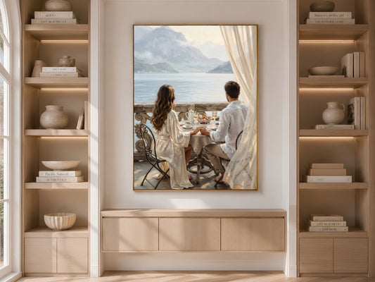 Lake Como Wall Art, Romantic Couple Breakfast Oil Painting Print - Digital Download