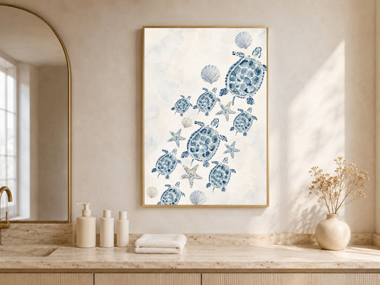 Sea Turtle Nursery Wall Art, Watercolor Blue Coastal Print - Digital Download