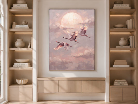 Japanese Crane Wall Art, Impasto Oil Painting Print - Digital Download