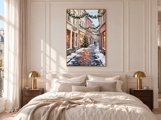 Christmas Street Painting Print, Snowy European Village with Garlands and Christmas Tree, Cozy Holiday Wall Art, Printable Digital Download
