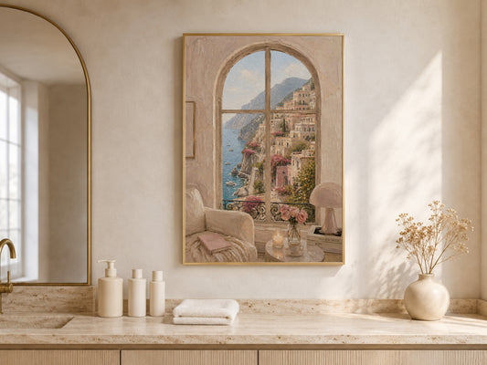 Amalfi Coast Window View Wall Art, Positano Impasto Print - Digital Download