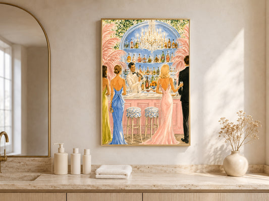 Riviera Cocktail Bar Wall Art, Preppy Pink Watercolor Print - Digital Download
