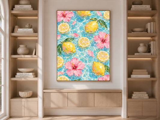 Lemon Hibiscus Pool Art Print, Amalfi Summer Wall Art - Digital Download