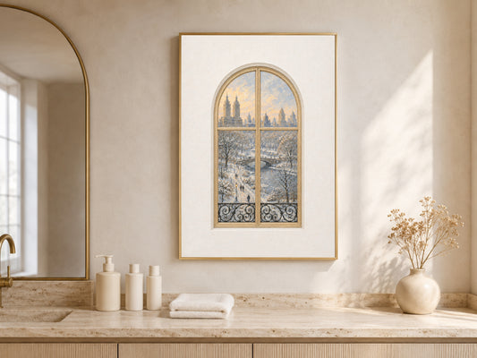 Central Park Window Wall Art, Snowy Winter Bridge View Print - Digital Download