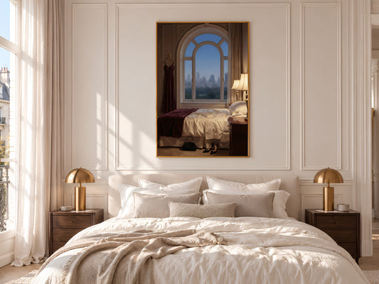 Old Money Bedroom Painting Print, City View Window Art, Moody Burgundy Wall Art, Printable Digital Download