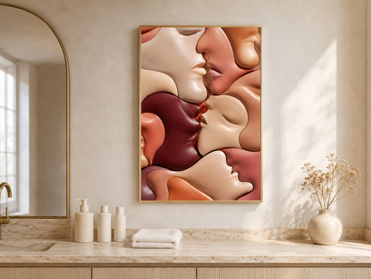 Abstract Kissing Faces Wall Art, Warm Terracotta Couple Print - Digital Download